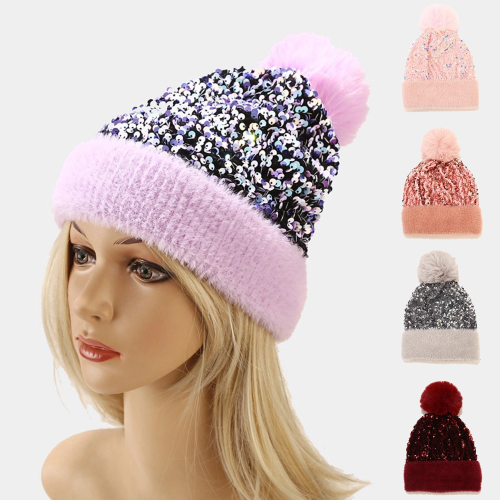 Knitted Beanie Sequins Removable Hair Ball Women Shiny No Brim Knitted Hat Bonnet Cap for Outdoor