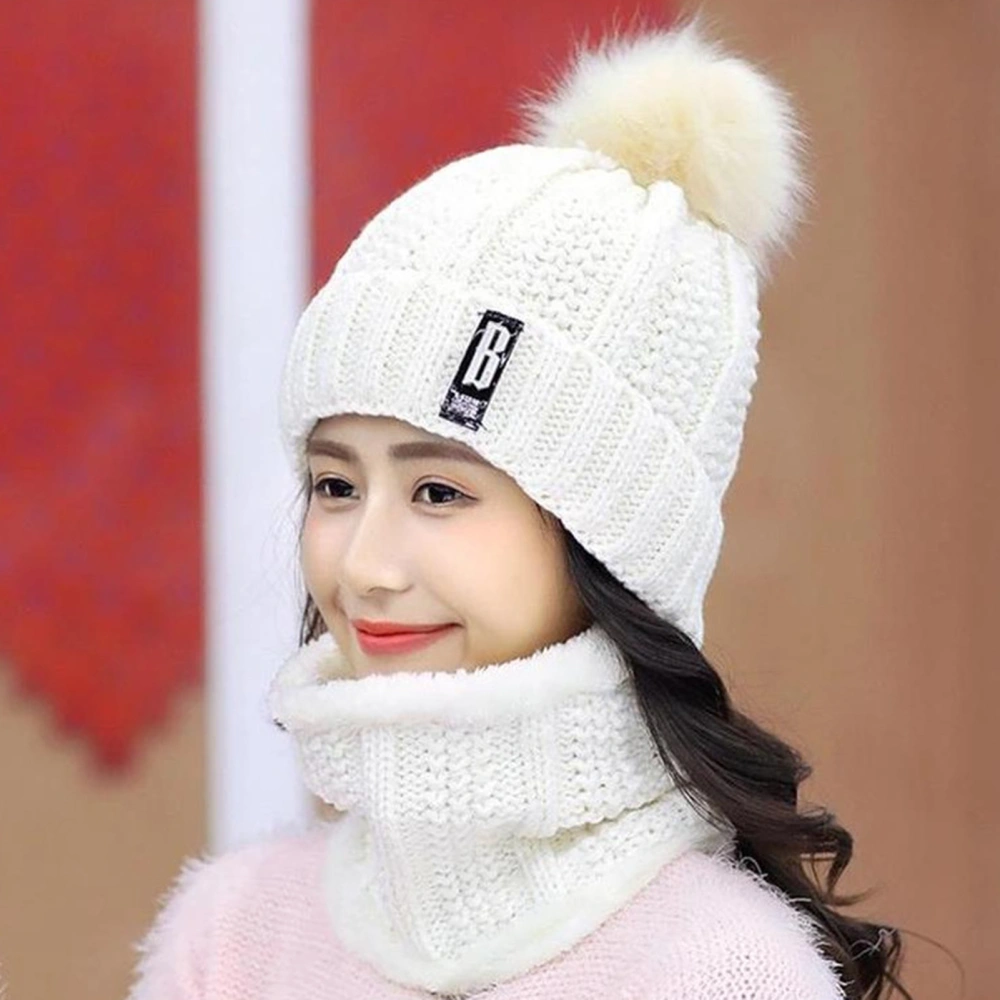 Women Winter Outdoor Warm Knitted Hat Pompom Beanie Plush Cap Neckerchief Set