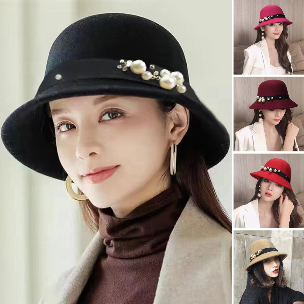 Top Hat British Style Faux Pearl Decor Down Brim Sunshading Round Top Decorate Retro Vintage Women Cloche Hat for Church