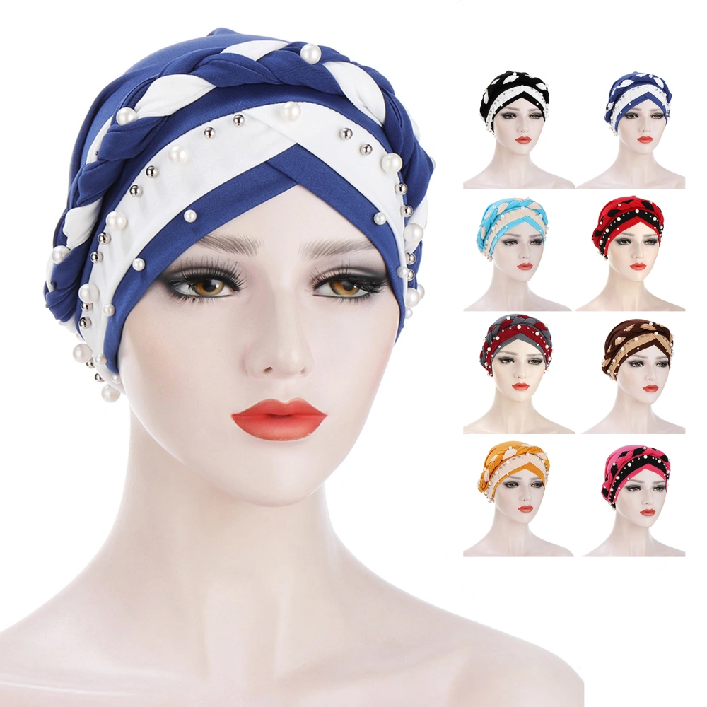 Braided Dual Color Turban Cap Women Faux Pearl Decor Headscarf Hair Accessories