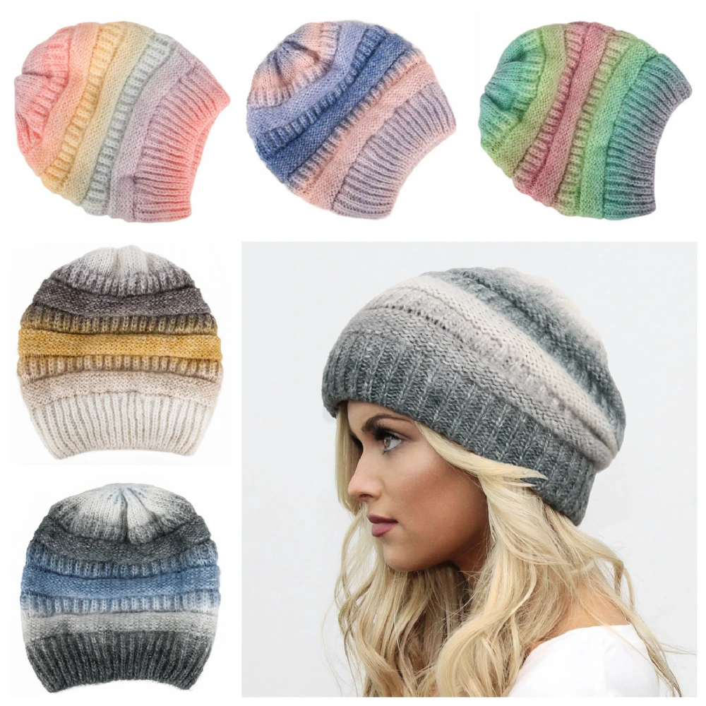 Lady Cap Knitted Stretchy Gradient Color Tie-dyed Women Hat for Daily Wear