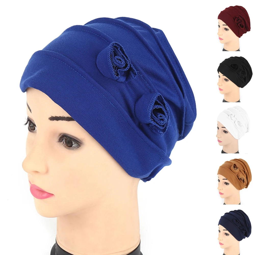 Women Turban Hat Solid Color Two Flower Headdress Brimless Pure Color Beanie Headwrap Party Accessories