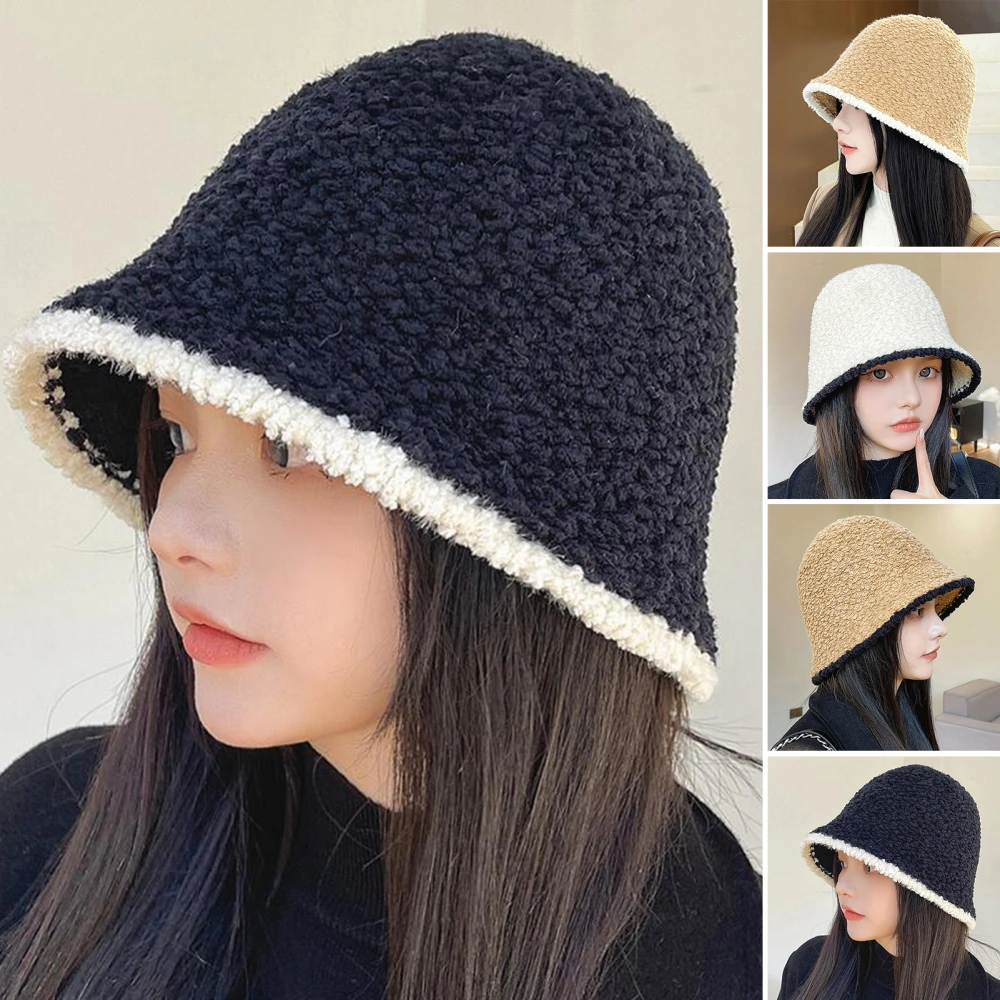 Winter Bucket Hat Contrast Color No Brim Plush Round Thick Keep Warm Lightweight Portable Women Winter Cap for Outdoor