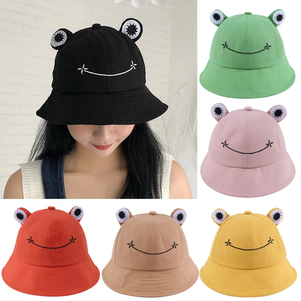 Bucket Hat Breathable Frog Ears Embroidery Pattern Cotton Froggy Fisherman Cap for Women