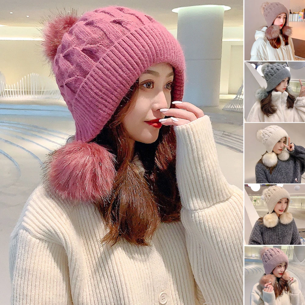 Women Knitted Hat Three Pompoms Solid Color Brimless Windproof Autumn Winter Thermal Beanie Hat Ear Flap Hat Daily Wear