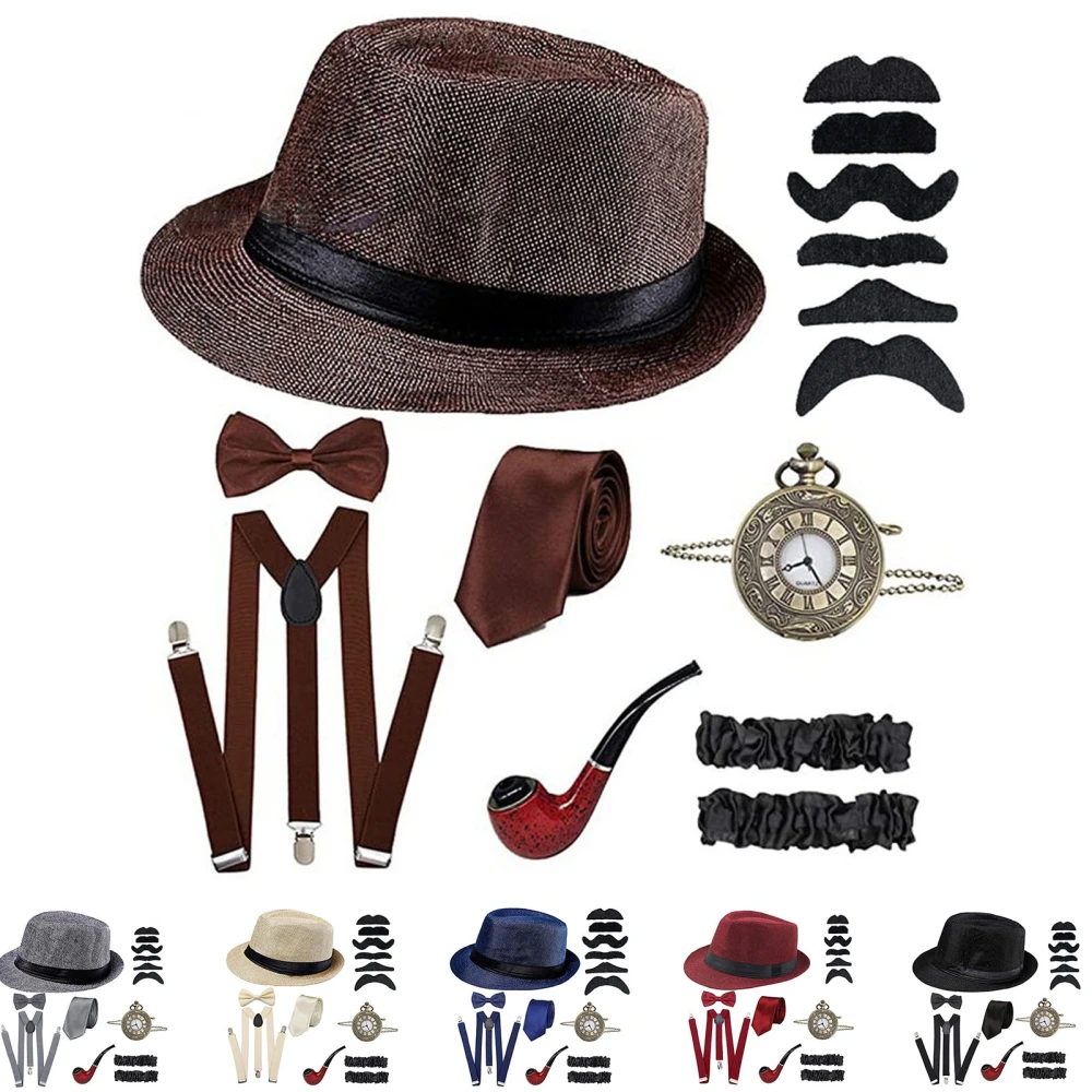 1 Set Cosplay Costume with Newsboy Hat Suspenders Armbands Tied Bow Knot Pocket Watch Dress Up Party Props Fashion Accessories The Great Gatsby Cosplay Costume Set for Banquet