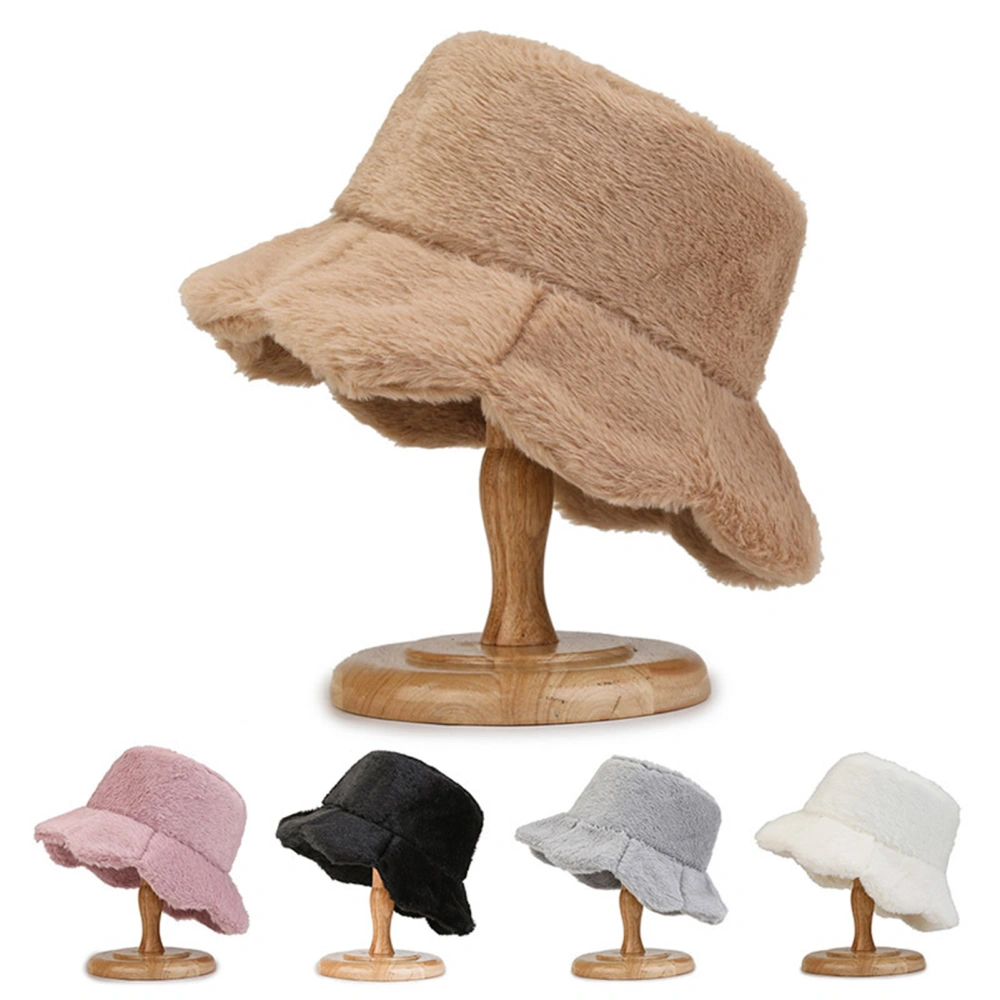 Winter Bucket Hat Wide Brim Solid Color Rounded Top Adjustable Thickened Keep Warm Headwear Autumn Winter Cotton Blends Plush Hat Women Accessories