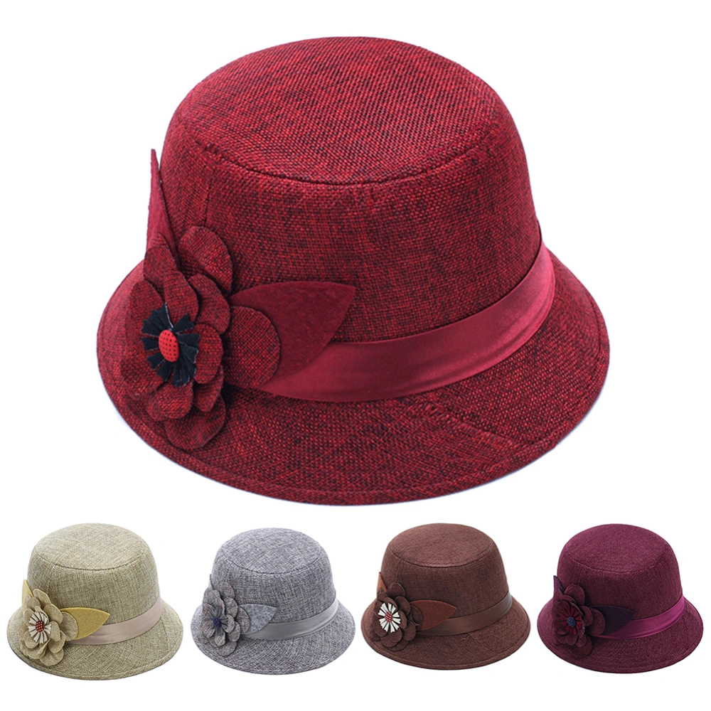 Elegant Solid Color Women Floral Ribbon Linen Bowler Sun Hat Fedoras Bucket Cap