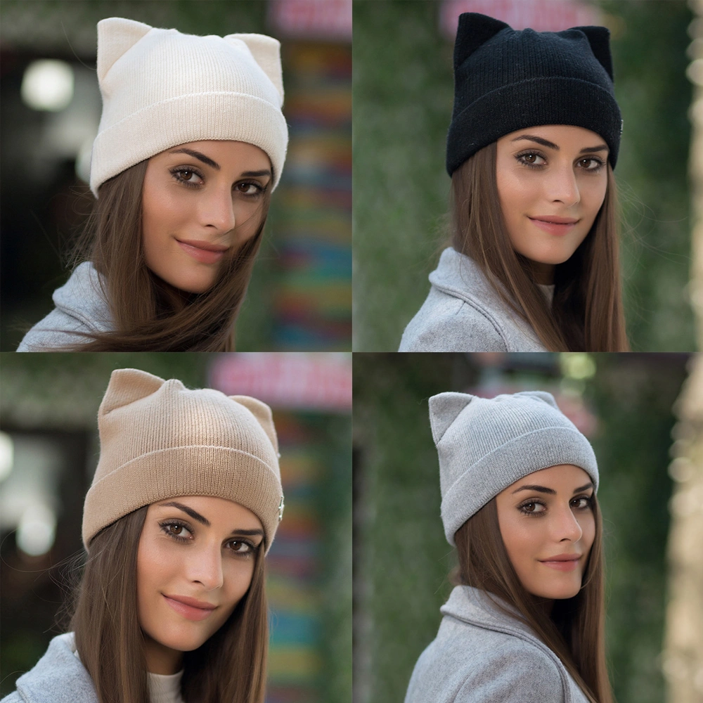 Autumn Winter Beanie Hat Ears Solid Color Dome Knitted Good Stretch Brimless Cap for Outdoor