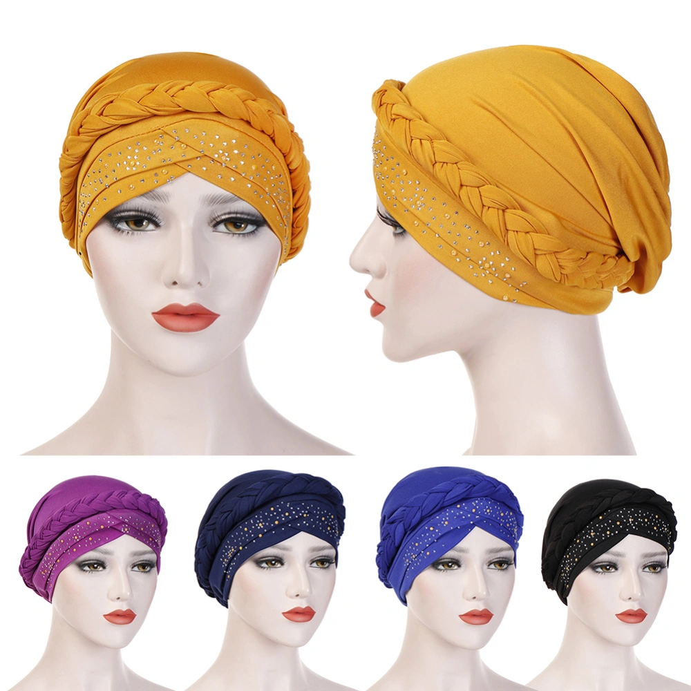 Muslim Women Turban Hat Braid Hot Fix Rhinestone Chemo Cap Bandana Headwrap