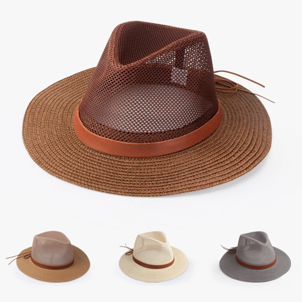 Strap Decor Adjustable Drawstring Hollow Out Cowboy Hat Man Breathable Holes Straw Sunshade Hat Adult Headwear 