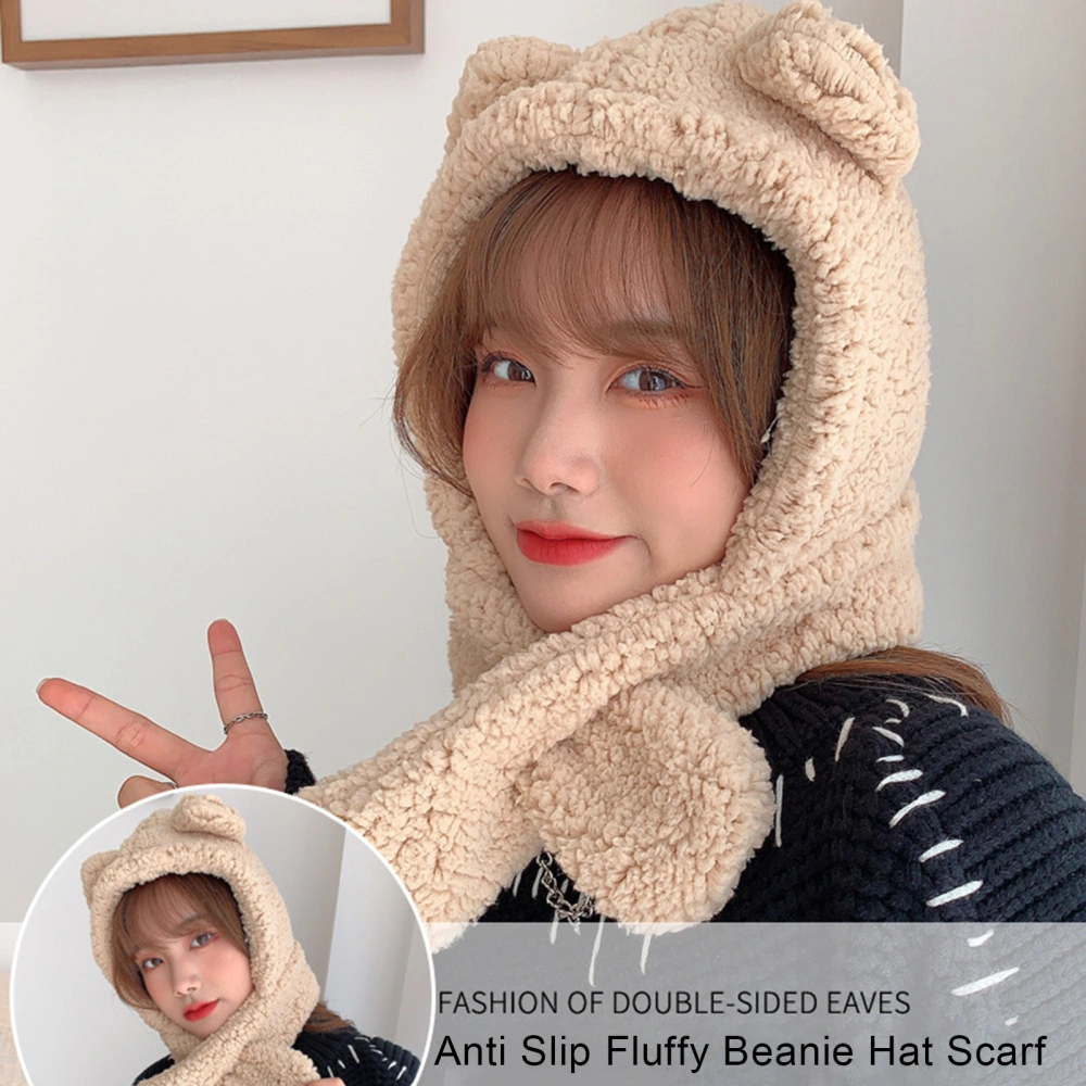 Women Hat Bear Ear 2-In-1 Solid Color Ears Protection One-piece Autumn Winter Anti Slip Fluffy Beanie Hat Scarf Riding Supplies