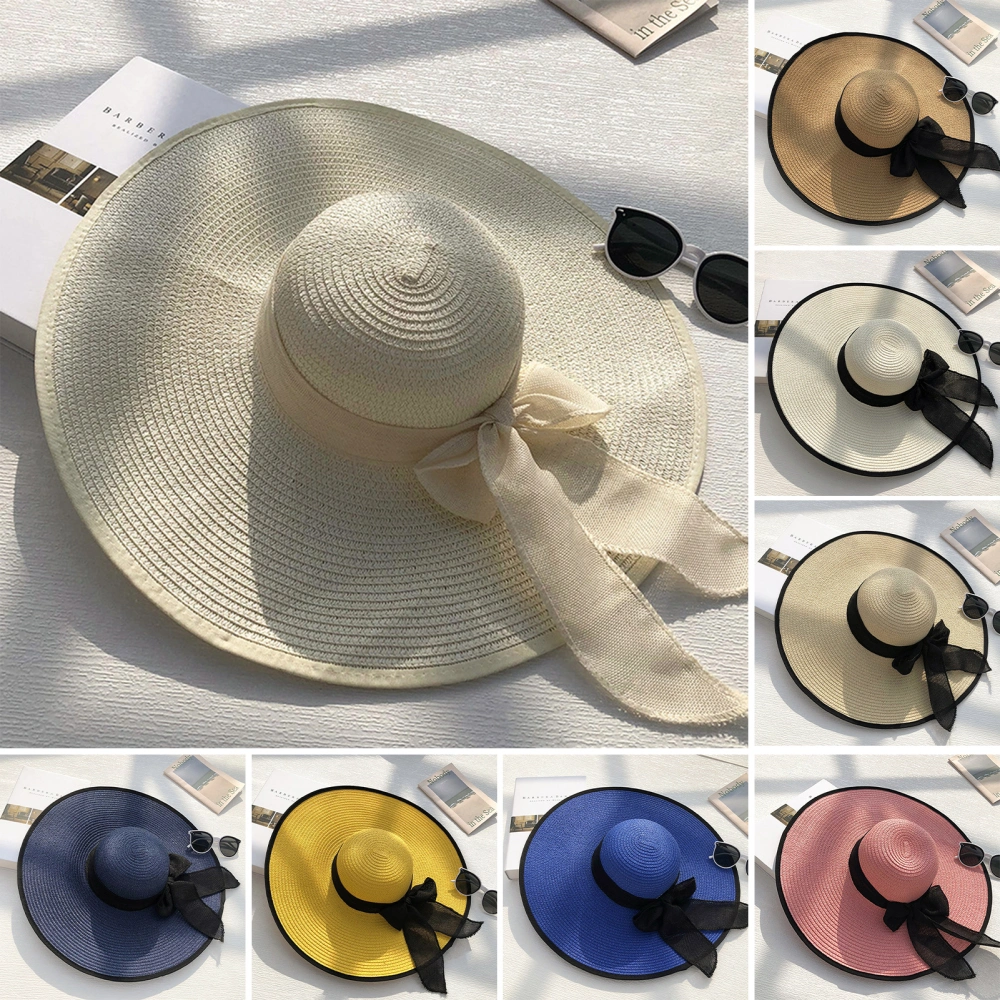 Women Sun Hat Contrast Color Sun Protection Anti-UV Ribbon Decor Bow-knot Beach Hat Headwear