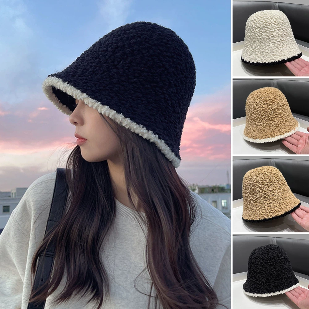 Color Matching Short Brim High Dome Thickened Bucket Hat Women Winter Warm Double-sided Faux Lambswool Fisherman Hat