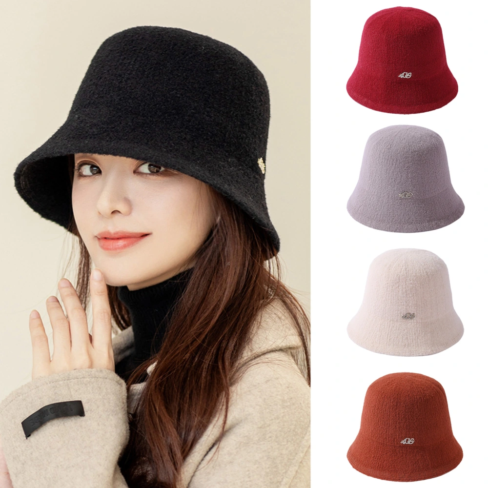 Women Bucket Hat Metal Decoration Solid Color Ear Protection Hat Faux Mink Velvet Anti Deformation Adjustable Rope Cap for Holiday