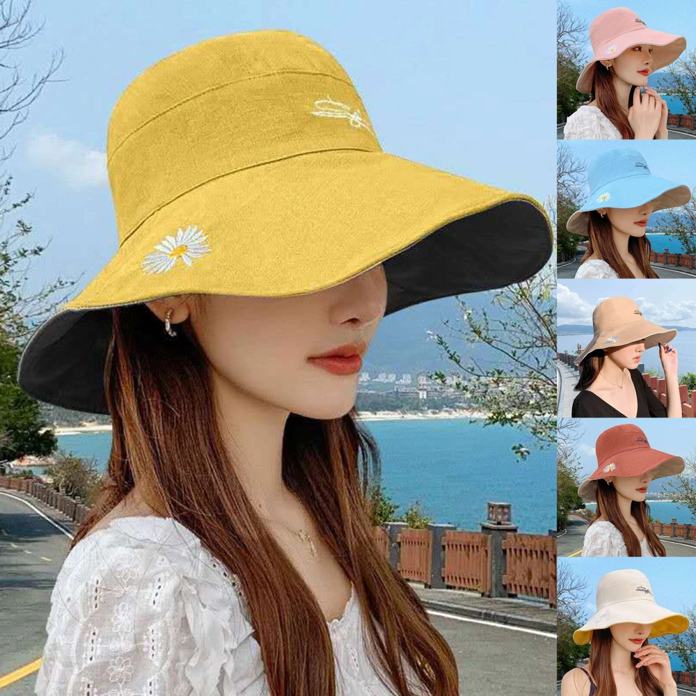 Women Summer Reversible Marguerite Embroidery Sun Protection Hat Fisherman Cap