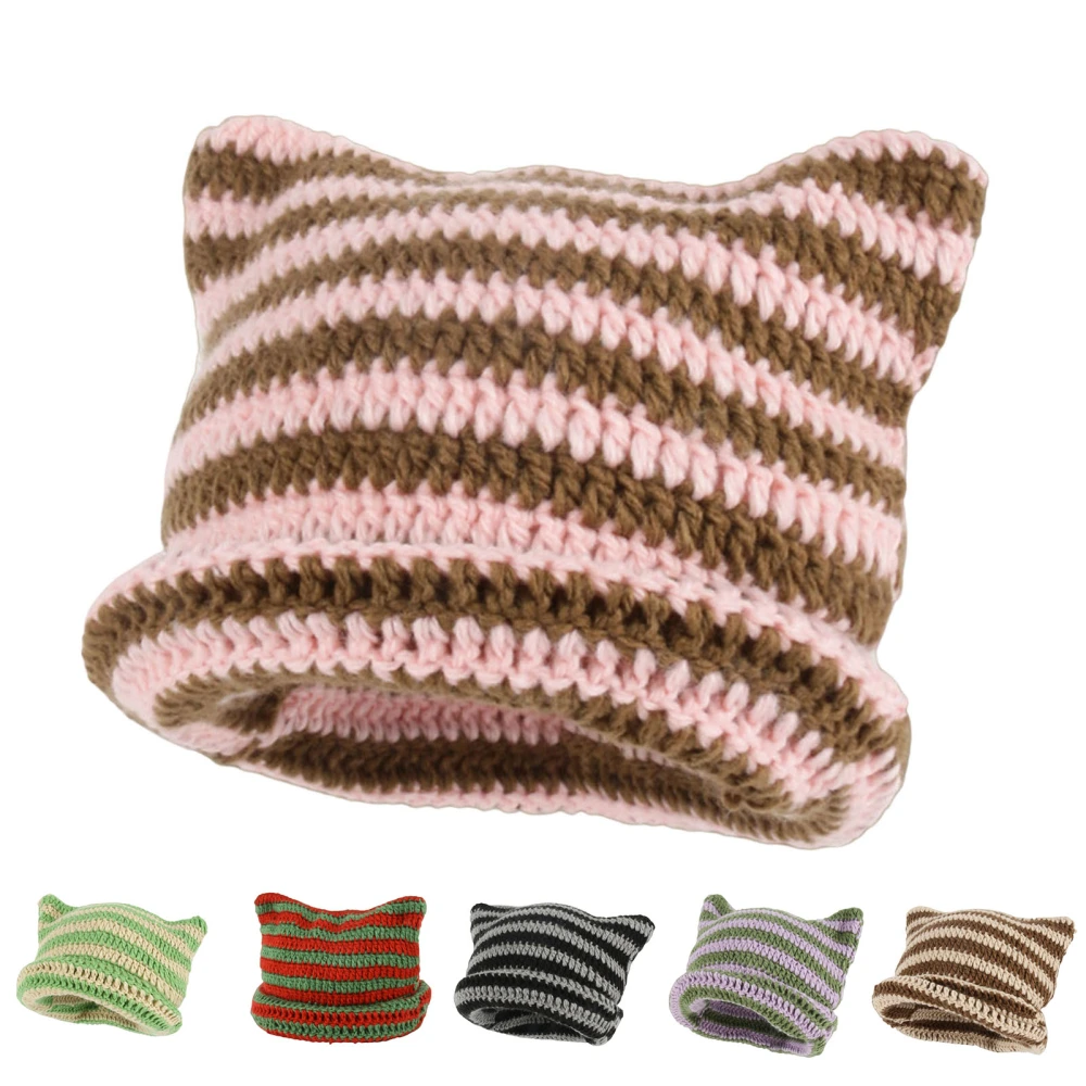 Beanie Hat No Brim Vivid Color Stretchy Breathable Friendly to Skin Decorative Yarn Winter All-Match Striped Women Knitted Hat for Girl