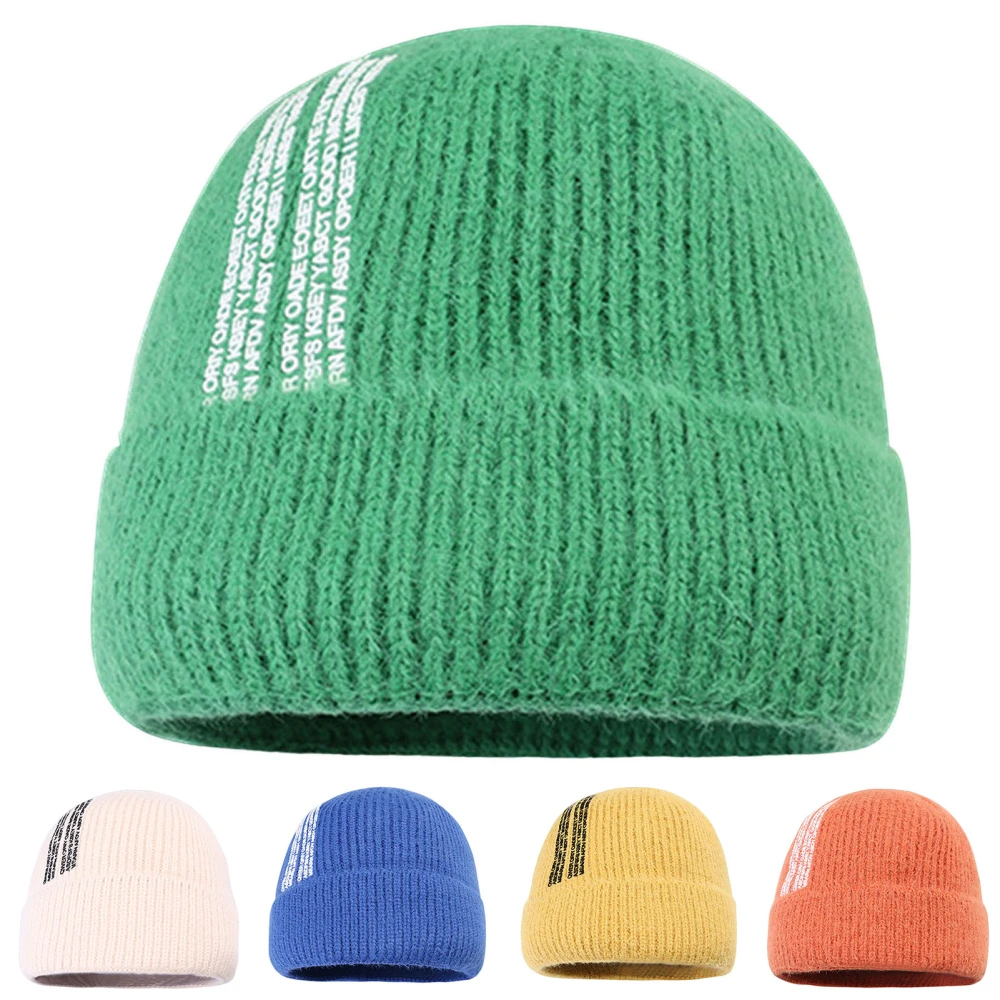 Men Winter Hat Soft Letter Print Folded Brim Elastic Knitted Cold-proof Unisex Couple Women Beanie Hat for Daily Life