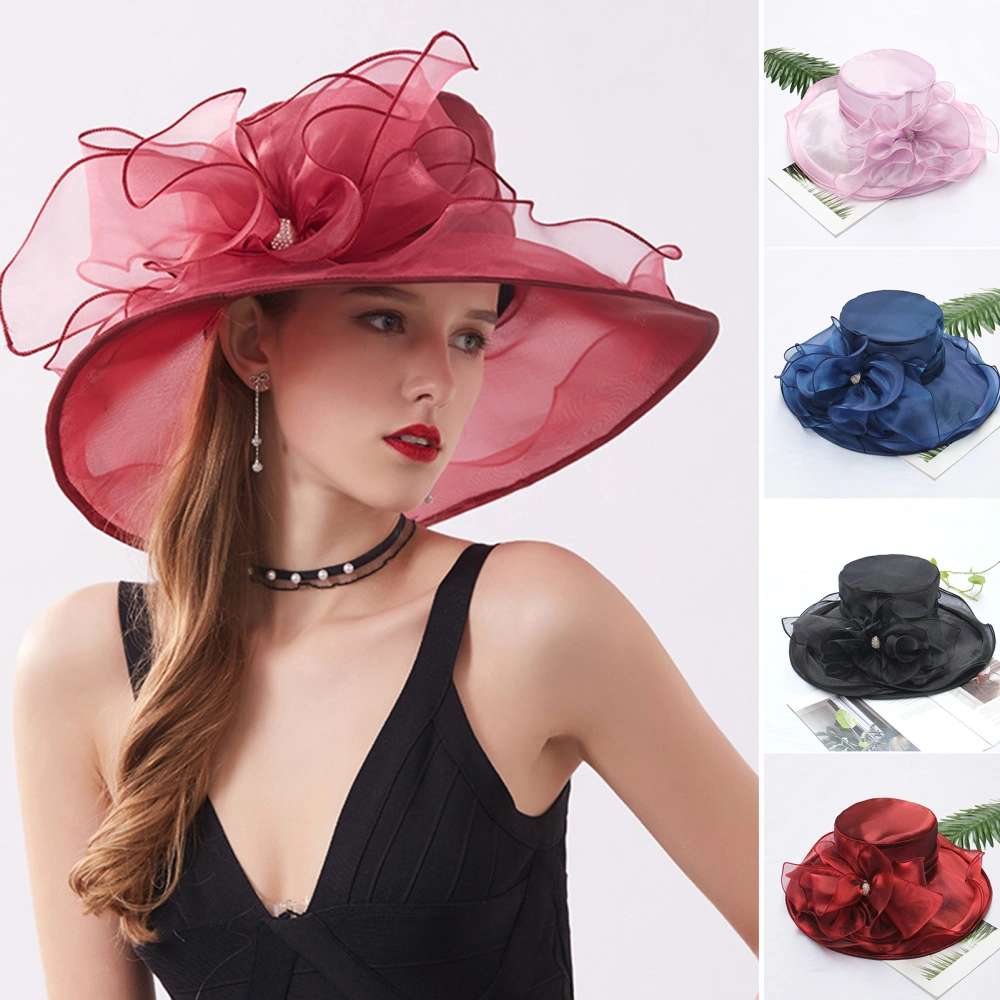 Women Church Cap Wide Brim Cloth Flower Temperament Foldable Rhinestones Buckle Hat for Wedding