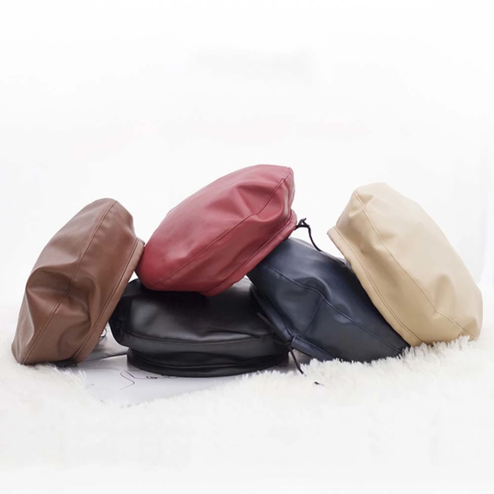 Fashion Women Solid Color Faux Leather Beanie Beret Cap Warm Flat Painter Hat