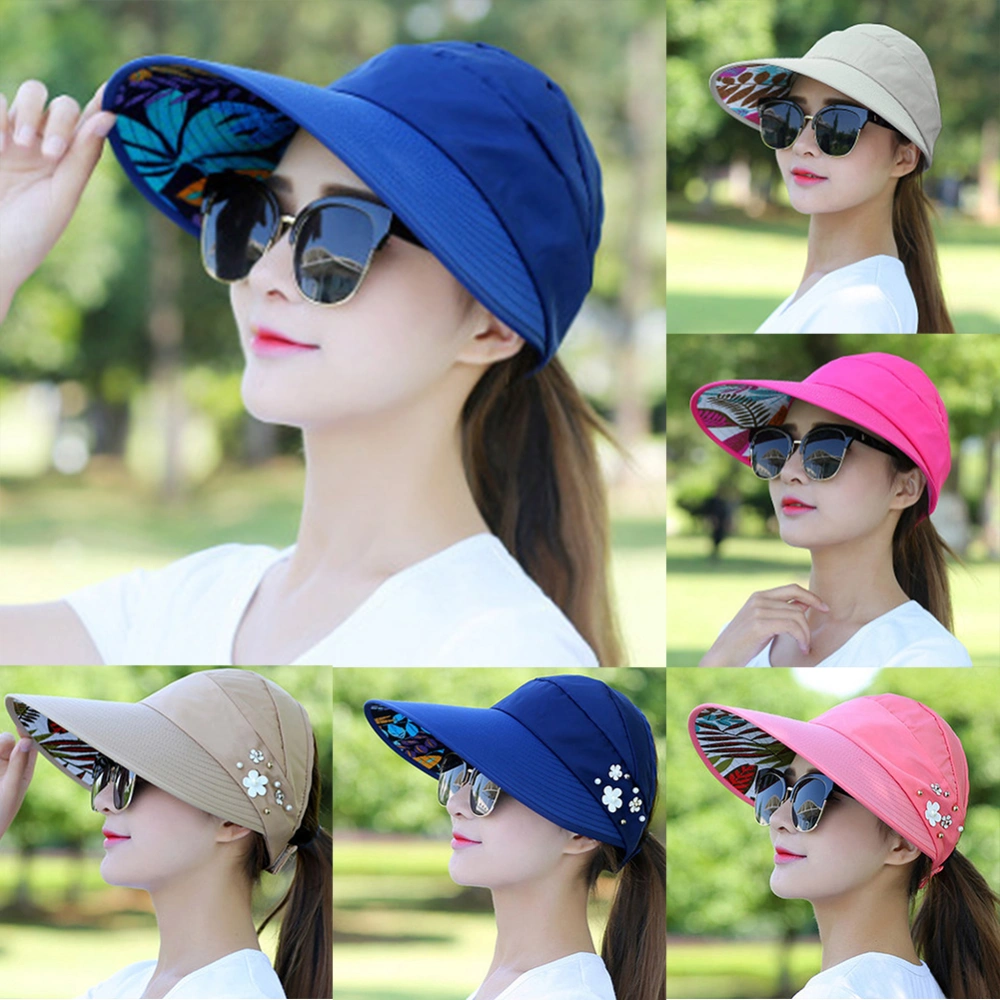 Women Solid Color Wide Brim Beads Flower Decor Sun Hat Visors Outdoor Sports Cap