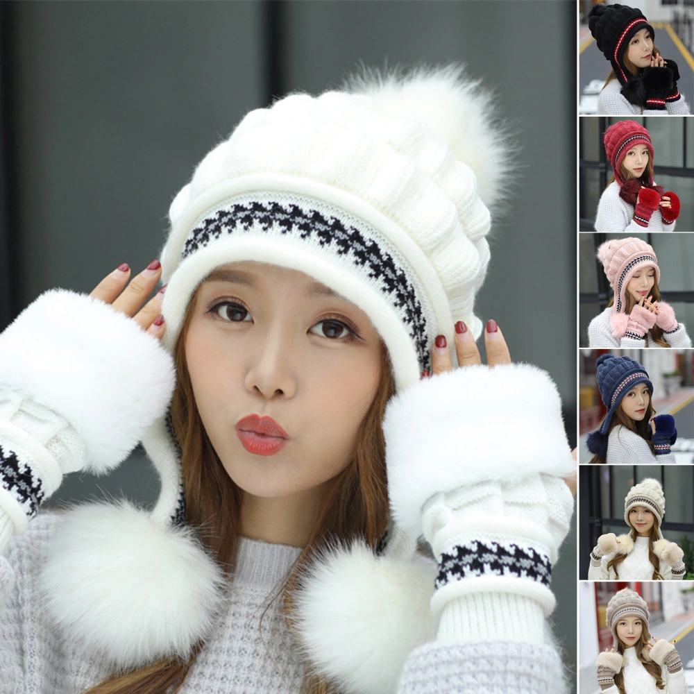 2Pcs/Set Women Hat Gloves Large Pompoms Plush Fingerless Thickened Stretchy Ear Protection Windproof Winter Knitted Woolen Yarn Hat Mittens Kit for Daily Life