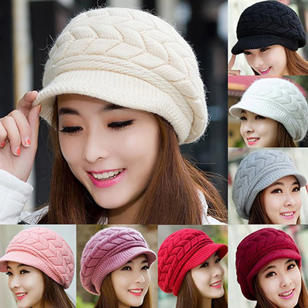 Fashion Women Solid Color Thicken Woolen Yarn Knitted Hat Outdoor Peaked Cap