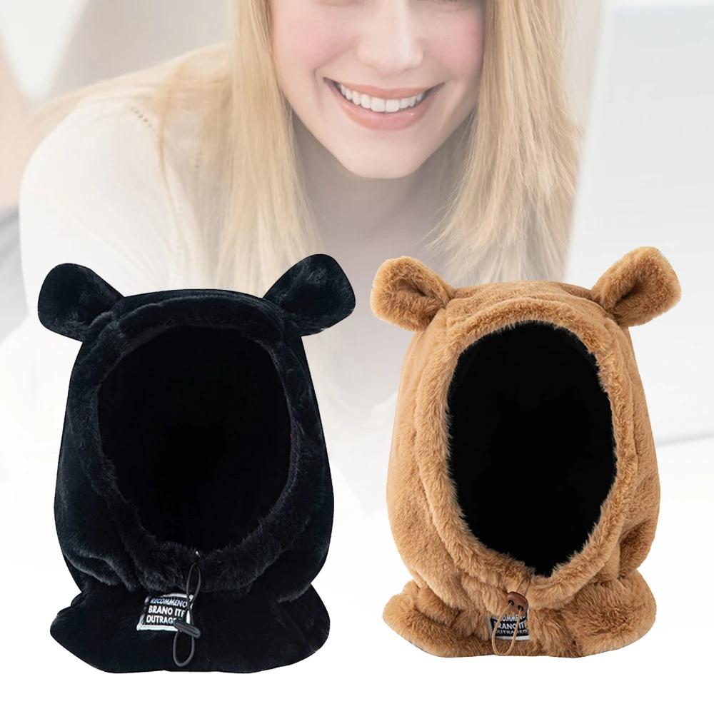 Women Winter Cute Bear Ears Design Solid Color Windproof Warm Neck Scarf Cap Hat