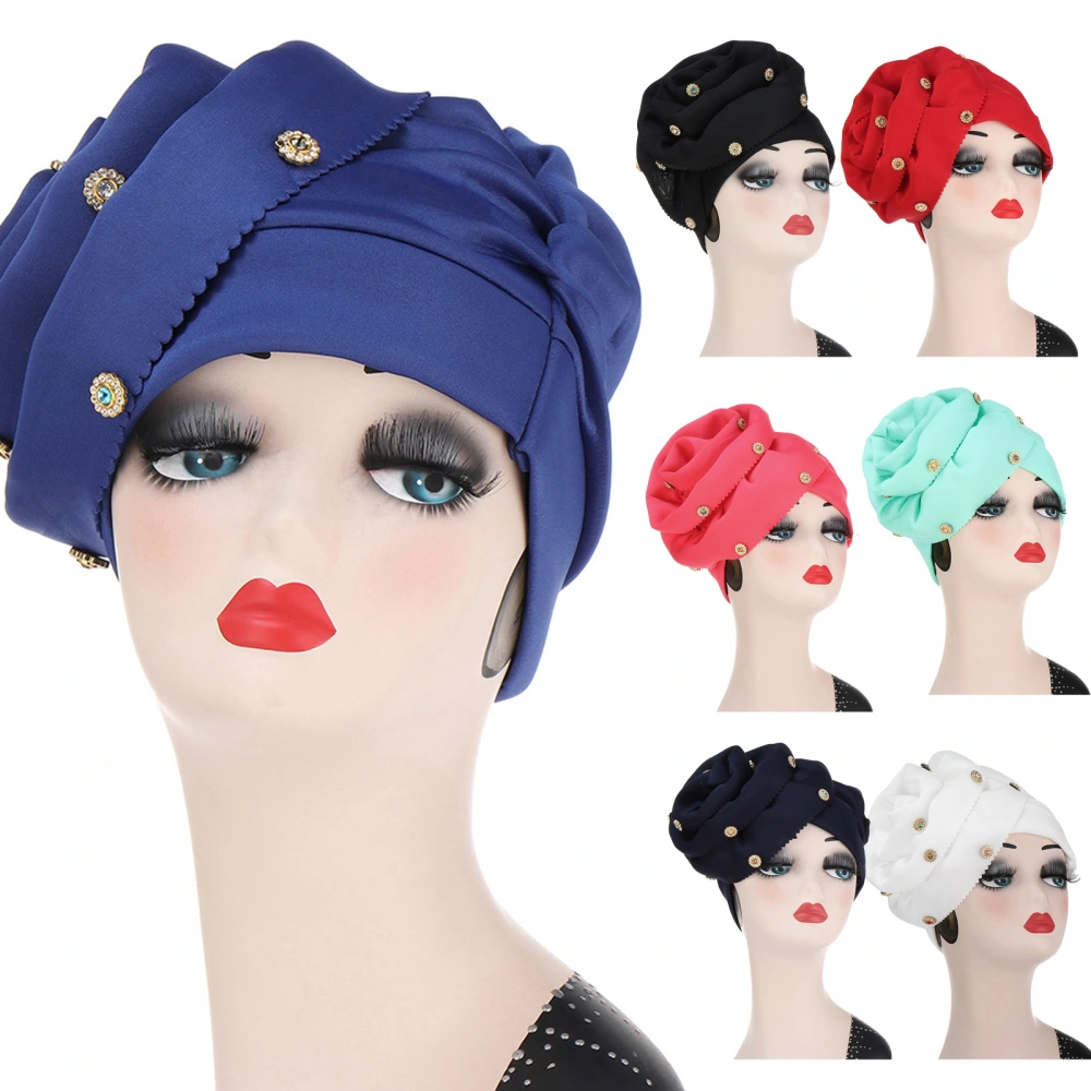 Flower Decor Solid Color Headscarf Cap Women Rhinestone Ruched Head Wrap Hair Accessories