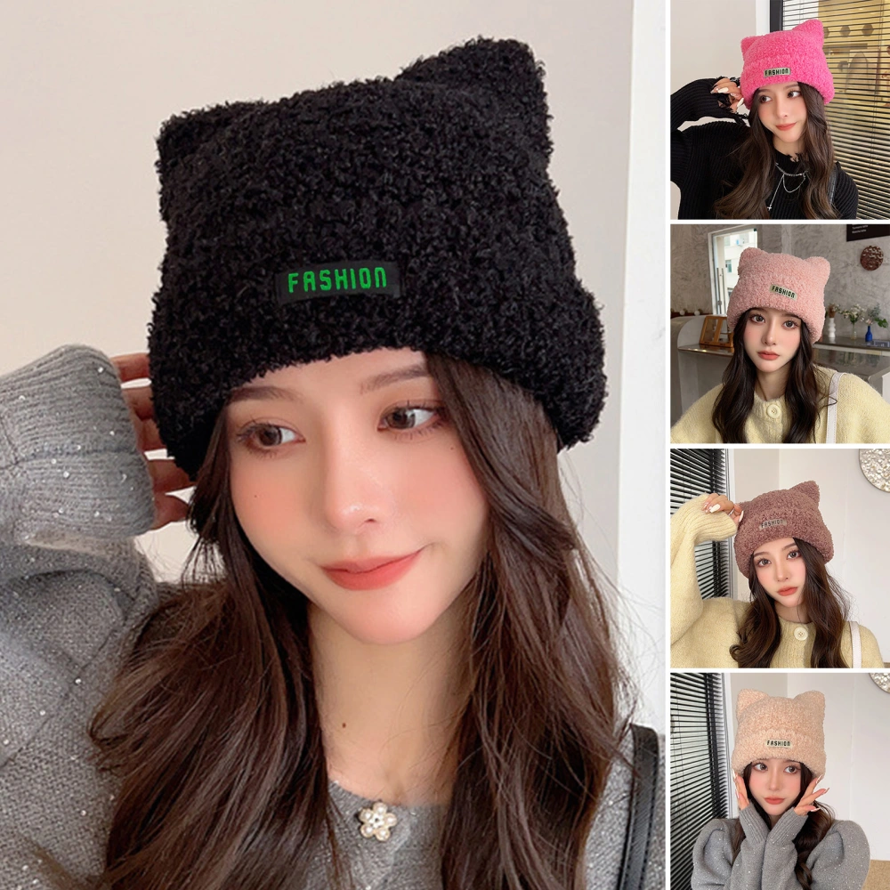 Ear Decor Round Dome Letter Logo Hemming Knitting Hat Women Winter Solid Color Beanie Hat Fashion Accessories