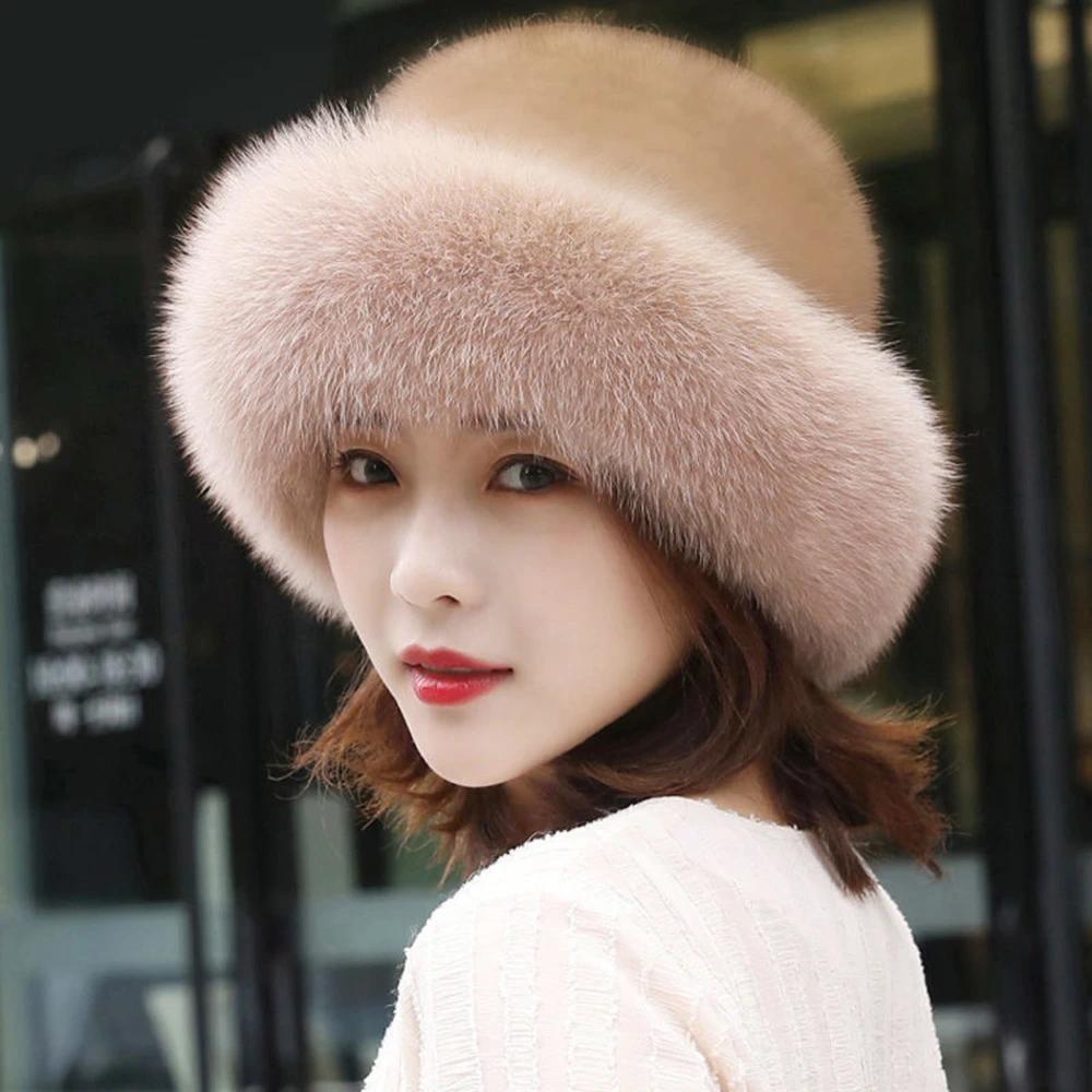 Plush Brim Warm Fisherman Cap Solid Soft Thickened Faux Mink Fur Basin Hat for Daily Life