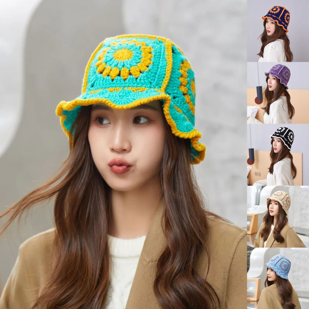 Ladies Knitted Hat Hollow Out Wear-resistant Skin-friendly Crochet Knitting Flower Pattern Knitted Bucket Hat for Outdoor