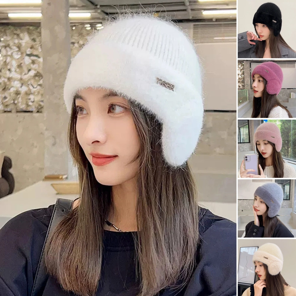 Women Winter Hat Vintage Earflap Solid Color Faux Rabbit Fur Ears Warmer Ear Protection Stretchy Regular Fit Lady Beanie for Students