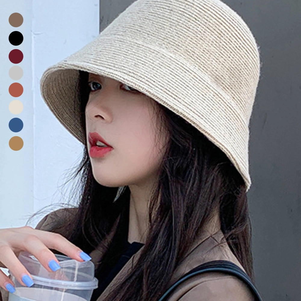 Women Solid Color Wool Bucket Hat Drawstring Fisherman Vintage Knitted Basin Cap