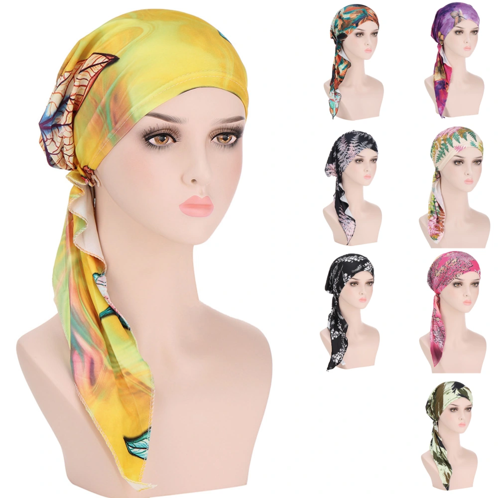 Floral Print Pre Tied Headscarf Cap Women Tassel Stretchy Head Wrap Hair Accessories