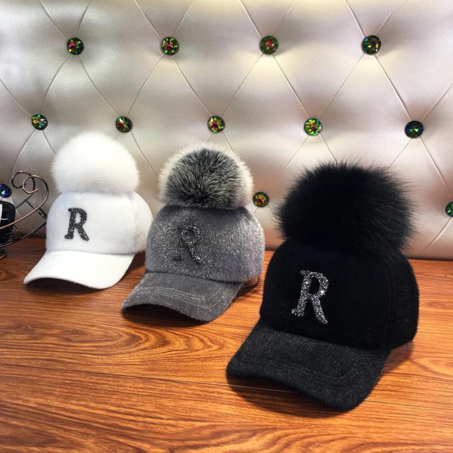 Rhinestone Letter Print Plush Ball Decor Adjustable Hook Loop Fasteners Baseball Hat Women Hip Hop Warm Fluffy Sun Hat Costume Accessories