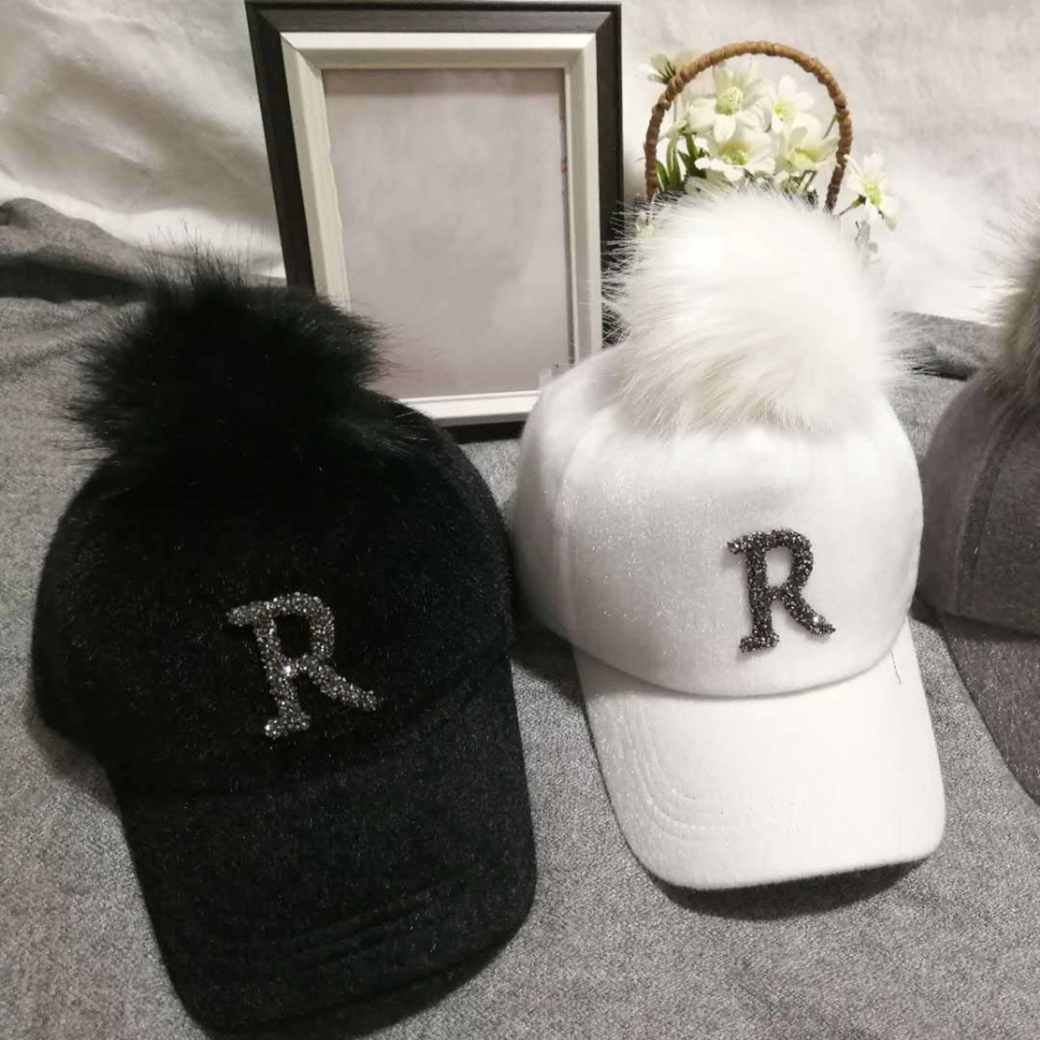 Rhinestone Letter Print Plush Ball Decor Adjustable Hook Loop Fasteners Baseball Hat Women Hip Hop Warm Fluffy Sun Hat Costume Accessories