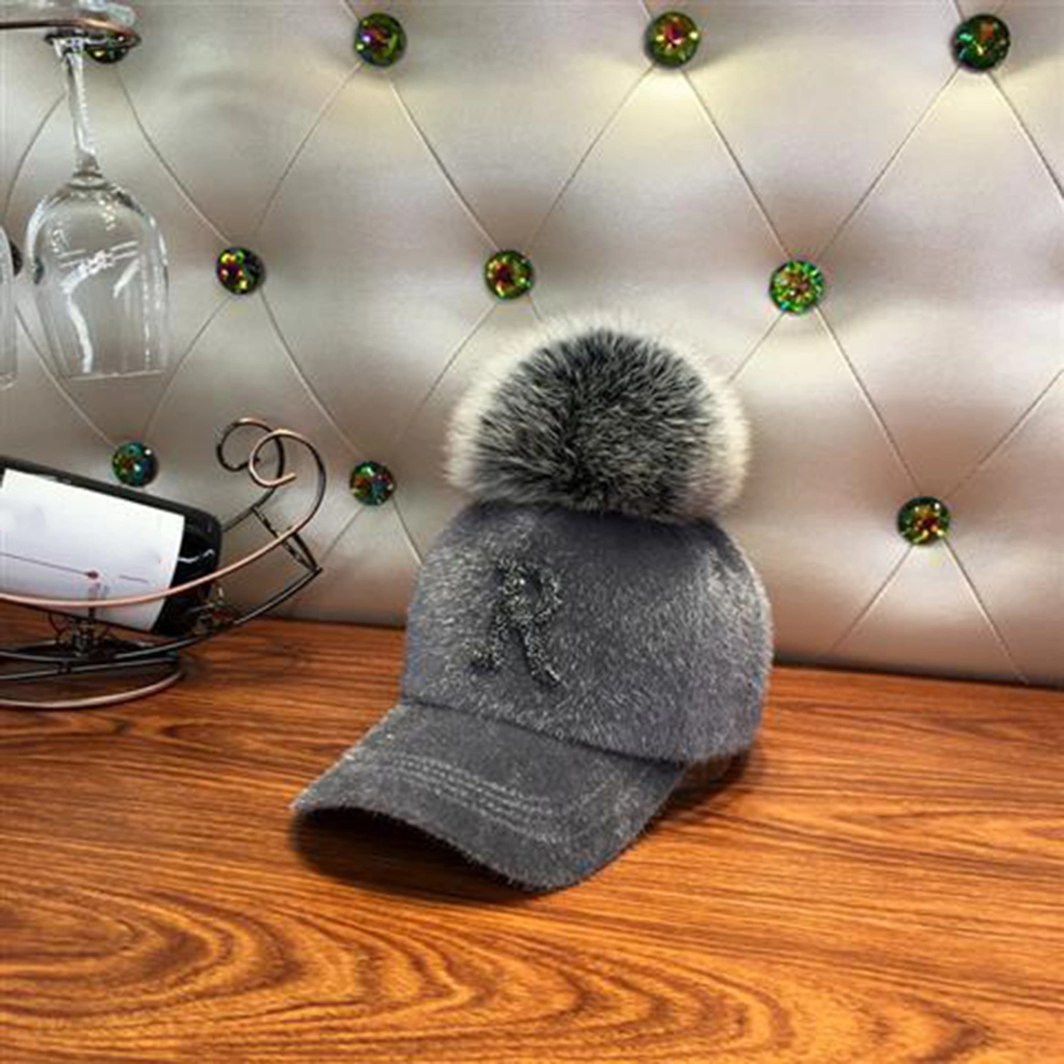 Rhinestone Letter Print Plush Ball Decor Adjustable Hook Loop Fasteners Baseball Hat Women Hip Hop Warm Fluffy Sun Hat Costume Accessories