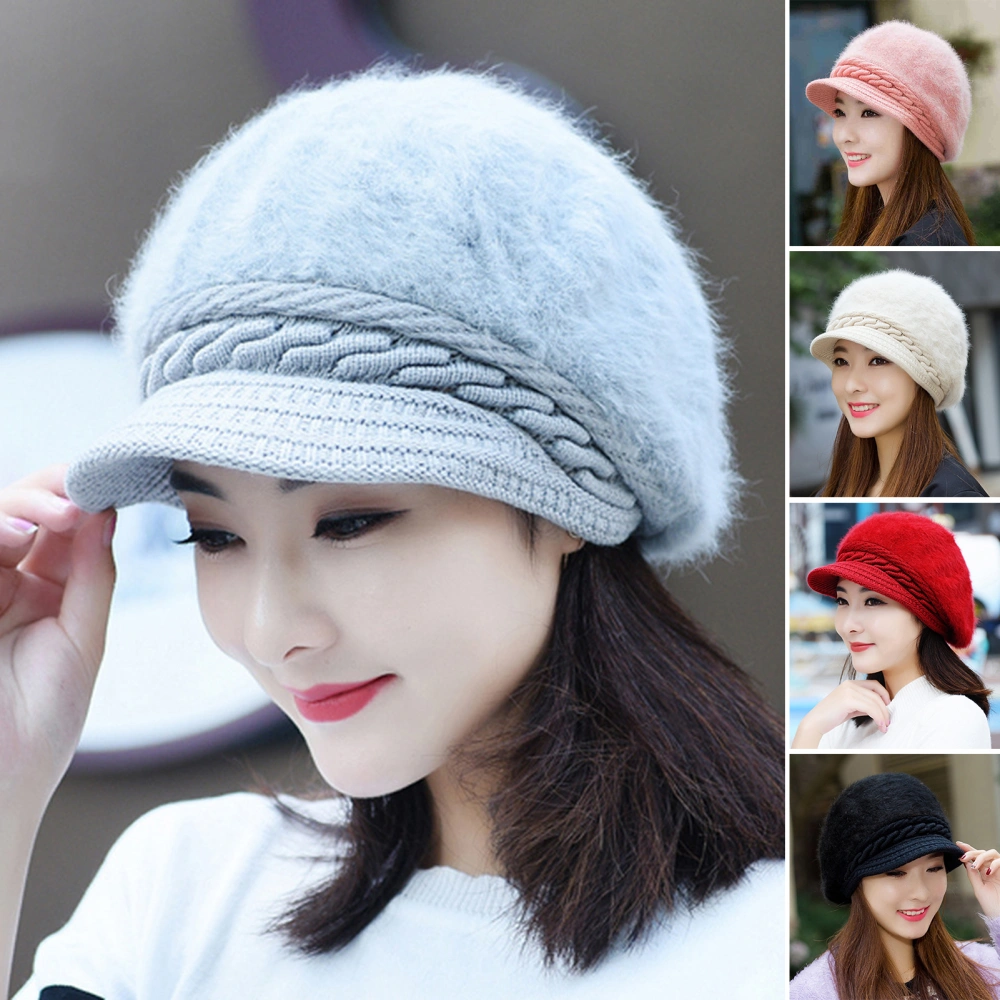 Women Hat Solid Color Thickened Windproof Peaked Hat Faux Rabbit Fur Stretchy Knitted Skullies Beanie Streetwear