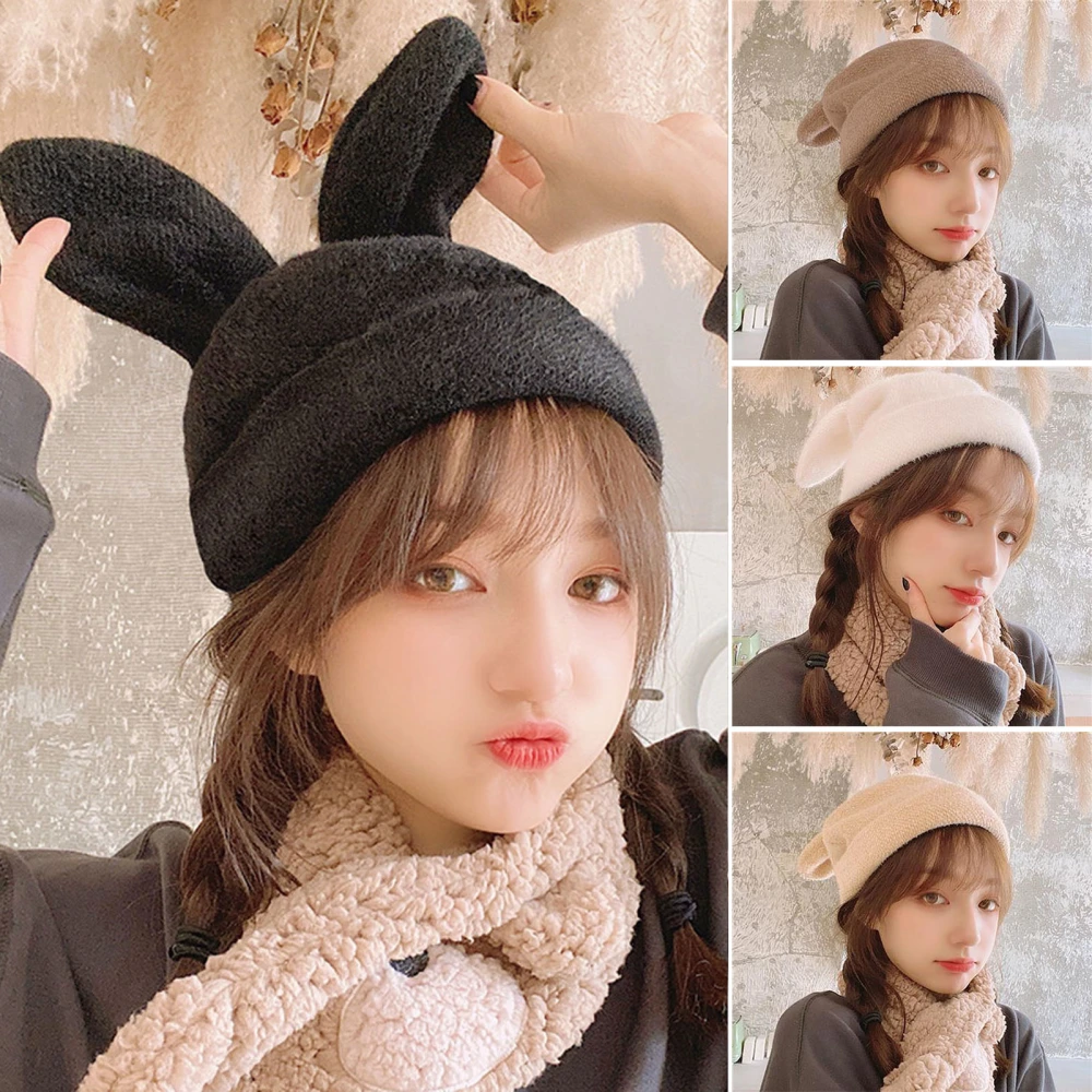 Winter Hat Solid Color Cute No Brim Mohair Women Lady Girls Rabbit Ears Beanie Cap for Beach