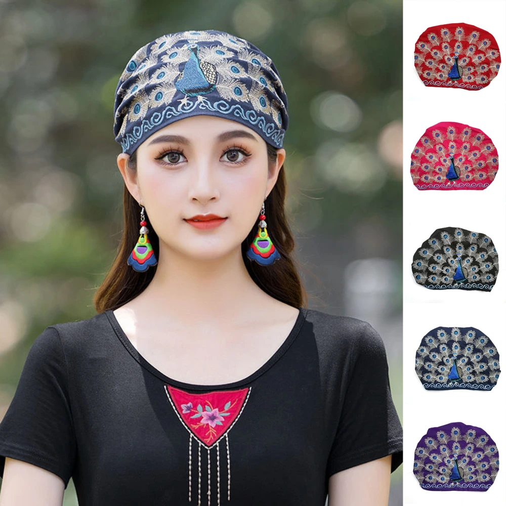 Turnban Hat Peacock Pattern Embroidery Lady Vintage Brimless Cap for Daily Wear