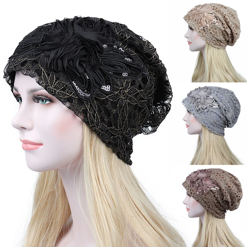 Women Hat Hollow Out Lace Floral Double-layered Winter Beanie for Daily Wear