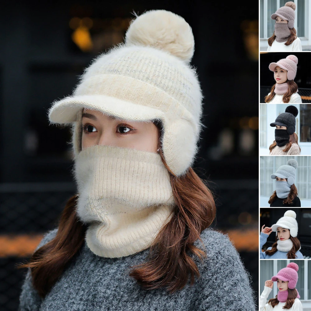 1 Set Women Hat Neck Warmer Peaked Faux Rabbit Fur Pompom Earflaps Ear Protection Solid Color Autumn Winter Adults Knit Cap Scarf Kit for Outdoor