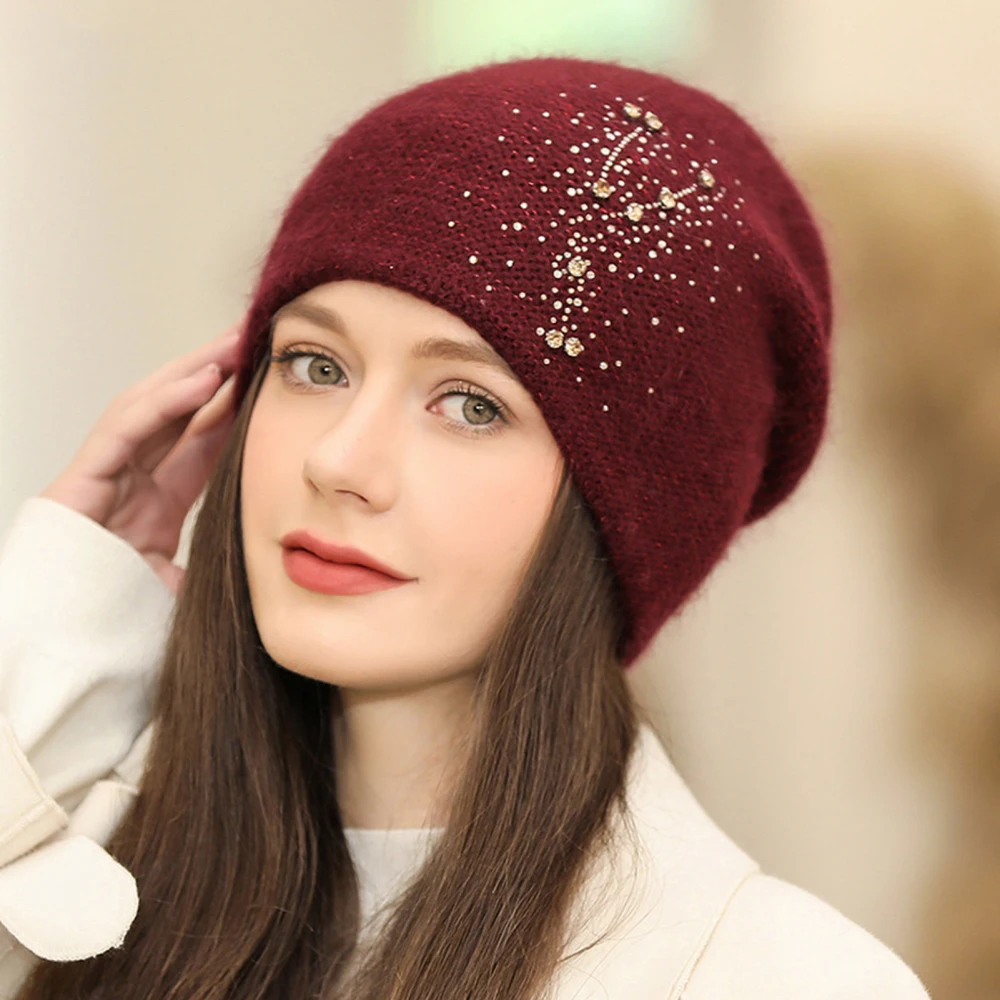 Women Hat Sequins Rhinestone Decoration Shiny Solid Color Brimless Autumn Winter Coldproof Knitting Beanie Hat Streetwear