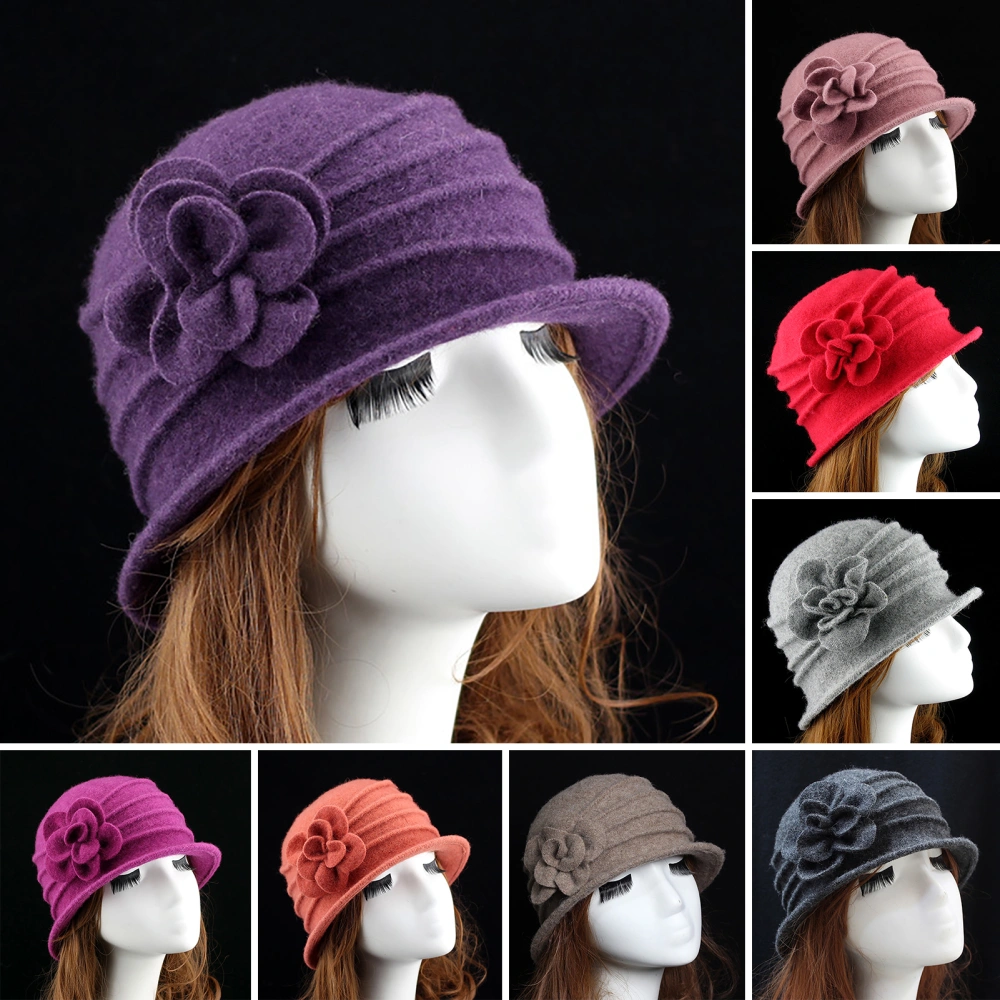 Flower Decor Wide Brim Round Dome Woolen Hat Middle Aged Ladies Elegant Bucket Hat