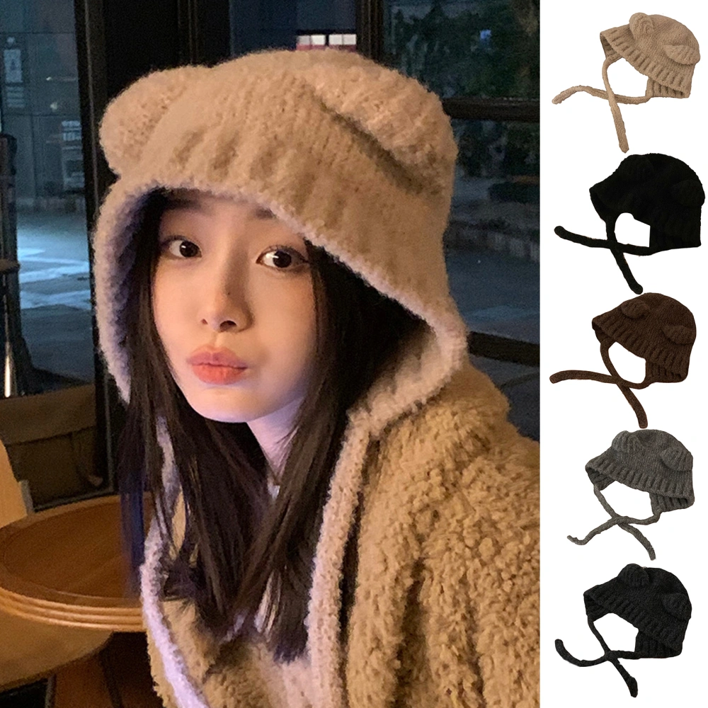 Ear Protection Lace-up Winter Hat Women Solid Color Bear Ear Decor Knitted Hat Daily Accessories