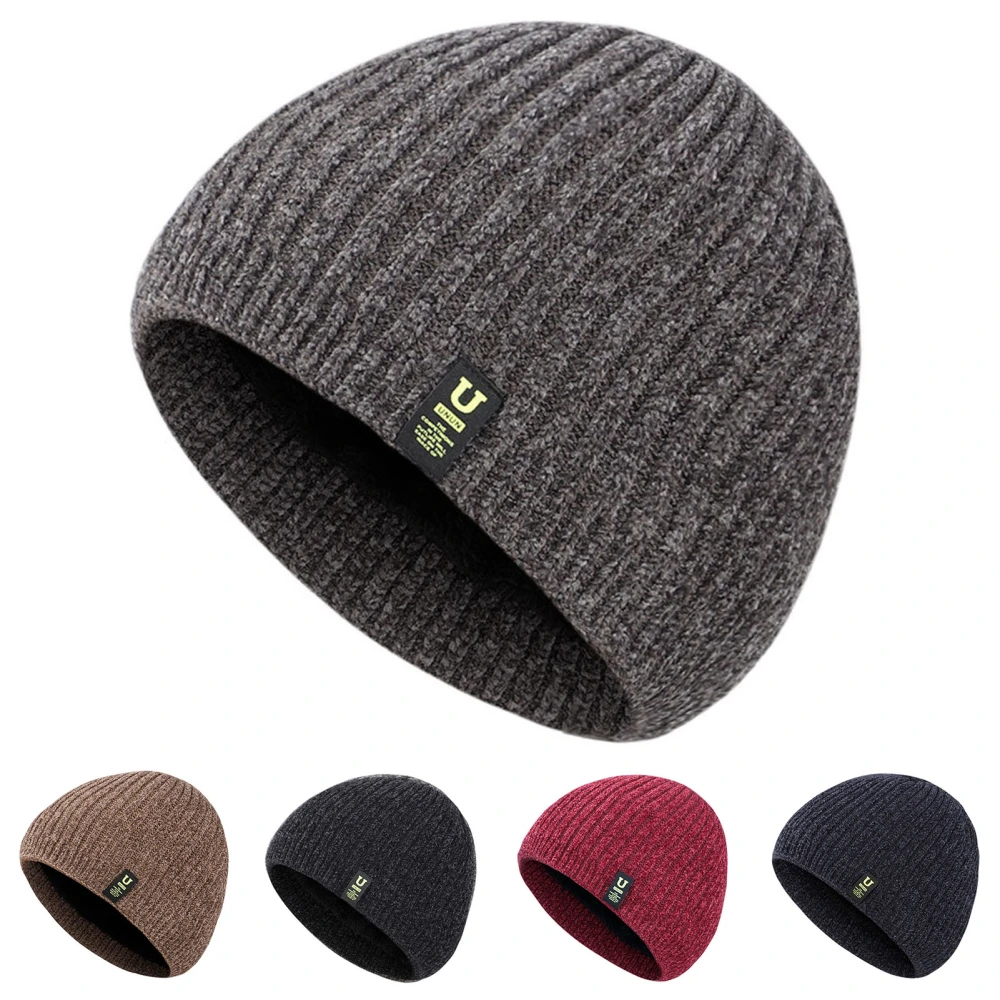 Ribbed Letter Logo Thickened Fleece Lining Beanie Hat Men Winter Solid Color Riding Knitted Hat Costume Accessories