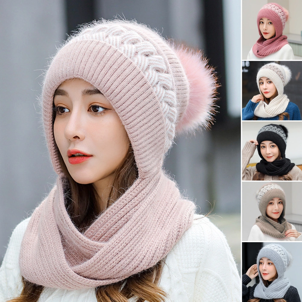 Women Beanies Hat Twist Pattern Contrast Color Cap Scarf Autumn Winter Fleece Lining Plush Ball Hat for Outdoor