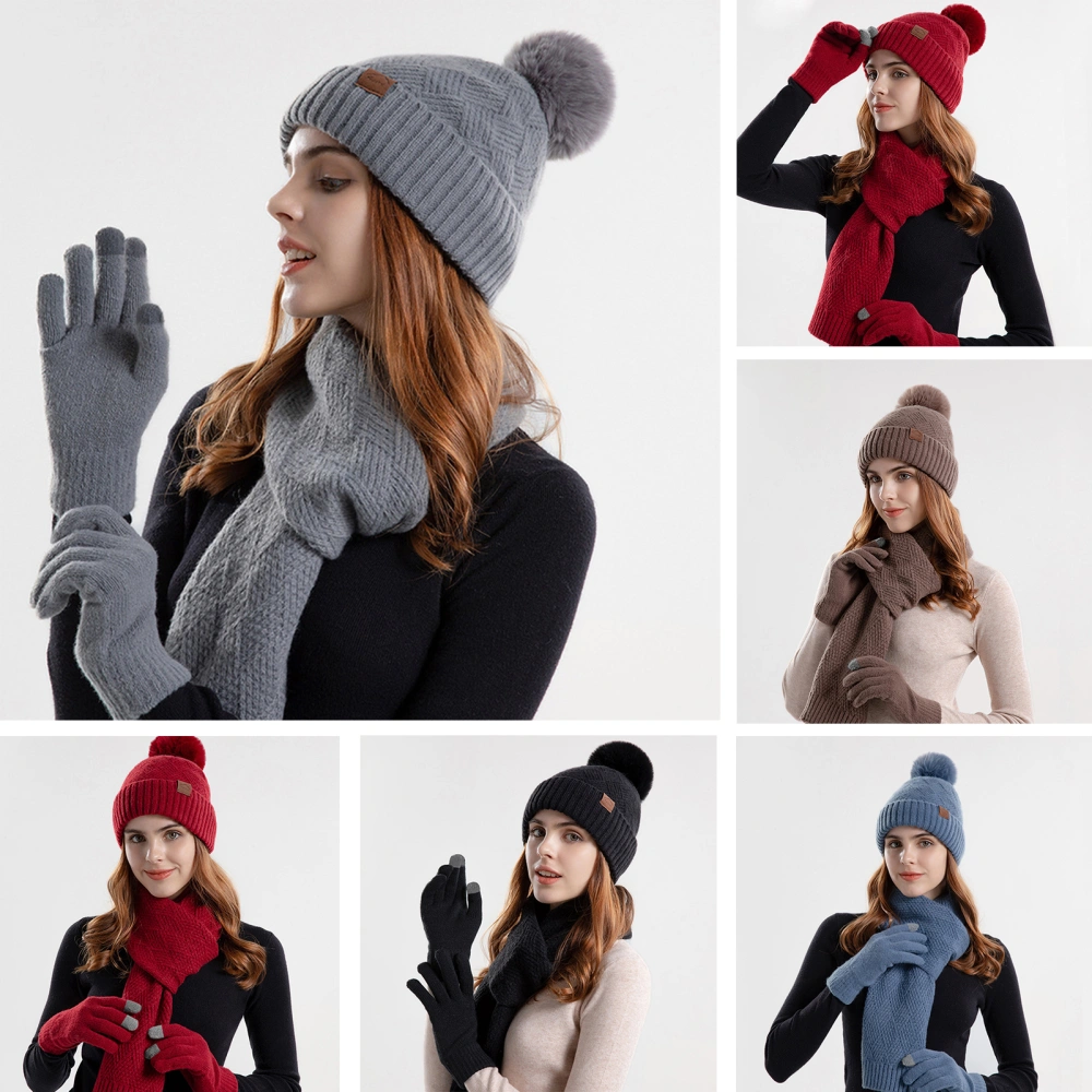 1 Set Hat Scarf Gloves Set Windproof Plush Lining Ear Protection Comfortable Solid Color Keep Warm Elastic Women Winter Woolen Hat Neckerchief Gloves Combo Daily Wear