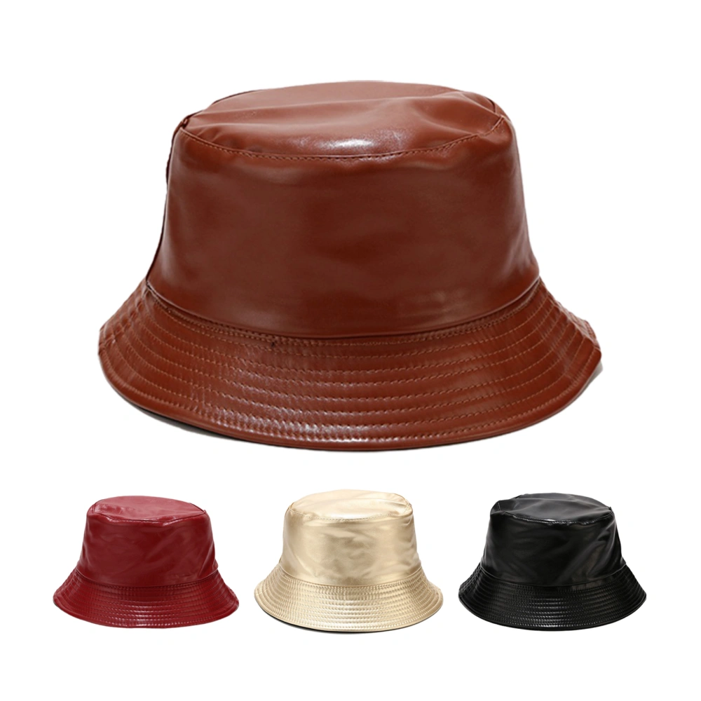 Unisex Bucket Hat Waterproof Solid Color Reversible Sun Cap Faux Leather Flat Top Fisherman Hat for Daily Wear